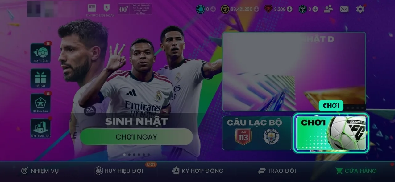 Màn hình FC Mobile, bước 1: Bấm CHƠI ở màn hình chính