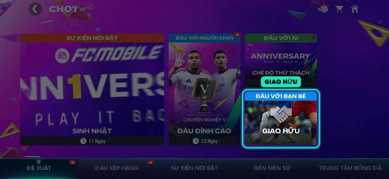 Màn hình FC Mobile, bước 2: Chọn Đấu với bạn bè: GIAO HỮU