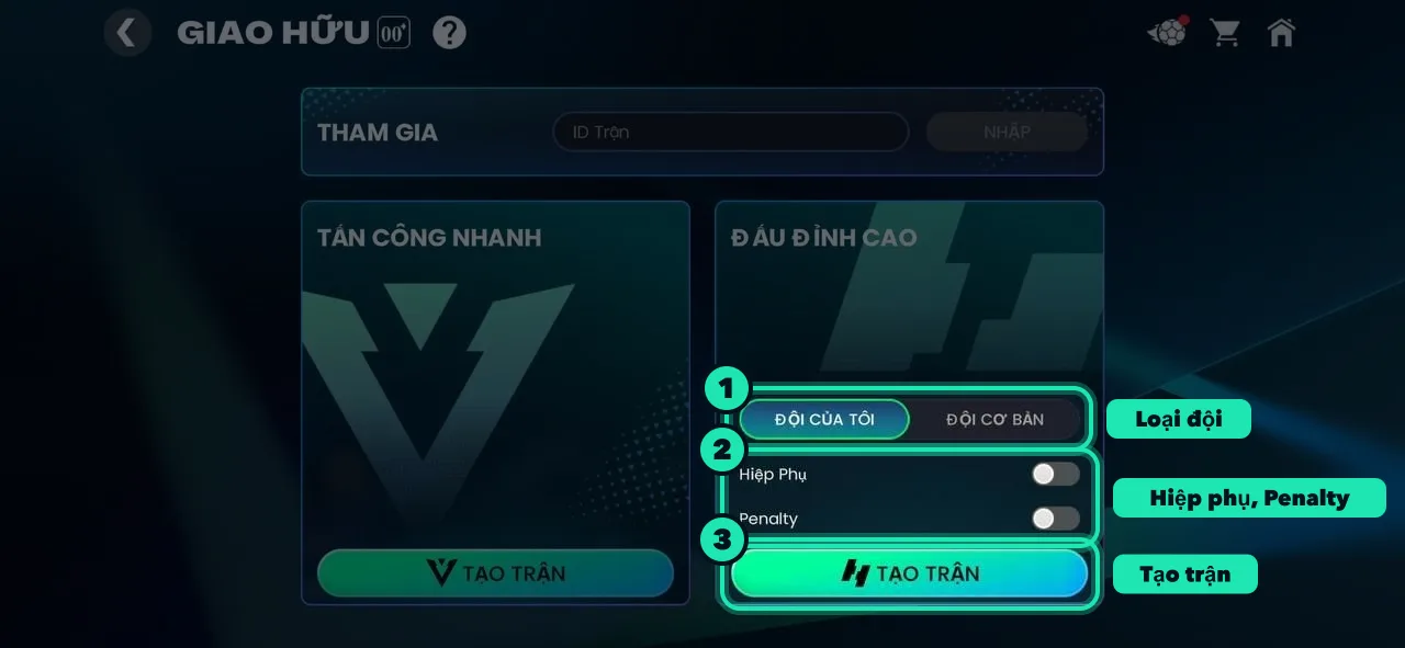 FC Mobile screen, step 3: Under HEAD TO HEAD: team, extra time, penalties, then CREATE MATCH