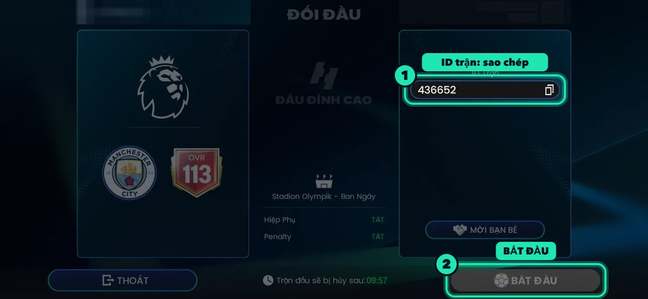 Màn hình FC Mobile, bước 4: Gửi ID trận lên CFFCup
