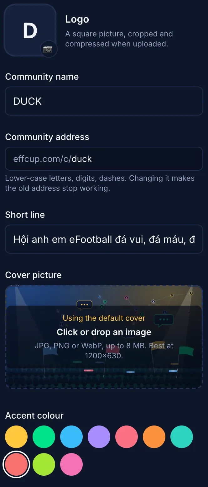 Screenshot: Create it: name, link, logo, cover, colour