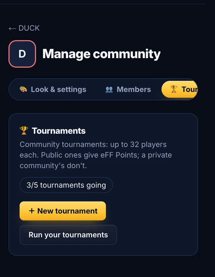 Screenshot: Create tournaments for the community