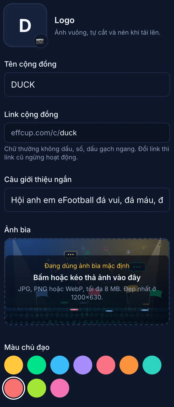Ảnh minh hoạ: Tạo cộng đồng: tên, link, logo, ảnh bìa, màu